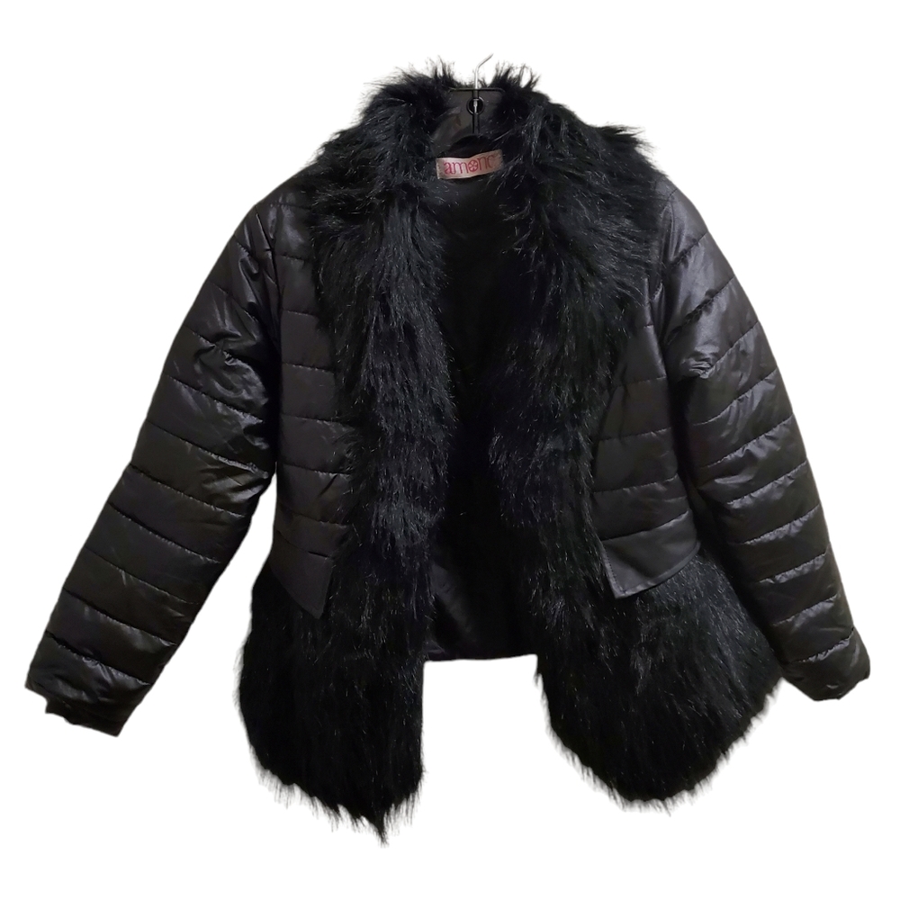 Fushi Amonc Black Faux Fur Jacket Long Sleeve Paneled Size XS Winter Jacket